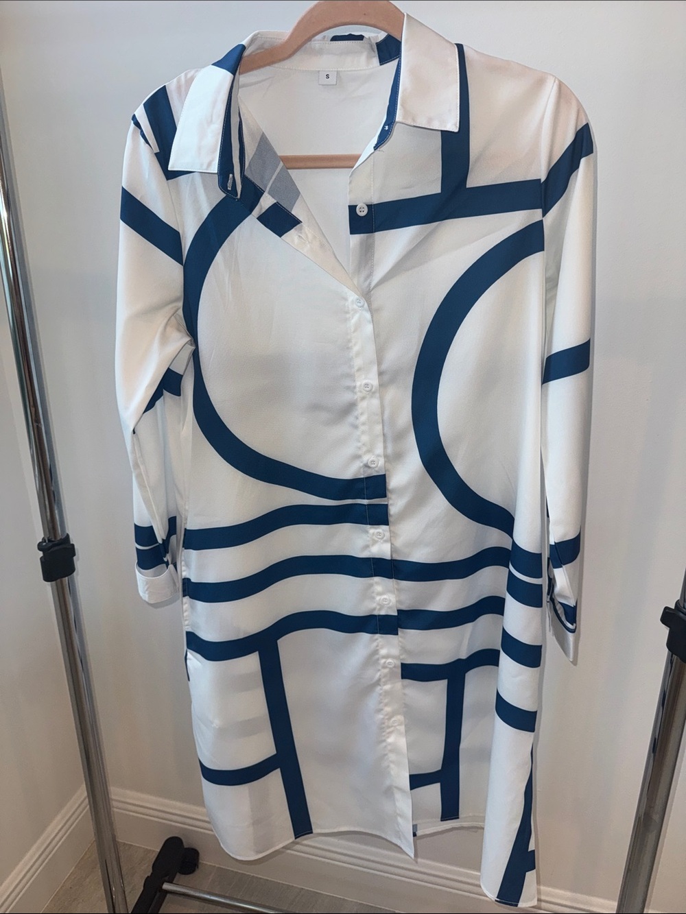 White and Navy Geometric Shirt Dress